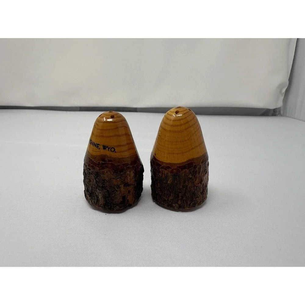 VTG Wooden Salt and Pepper Shakers Collector Set Wood Tree Bark Cheyenne Wyoming
